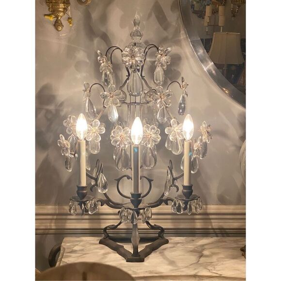 Vintage  French Girandole Wrought Iron Lamp W/Floral Prisms - Picture 7 of 7